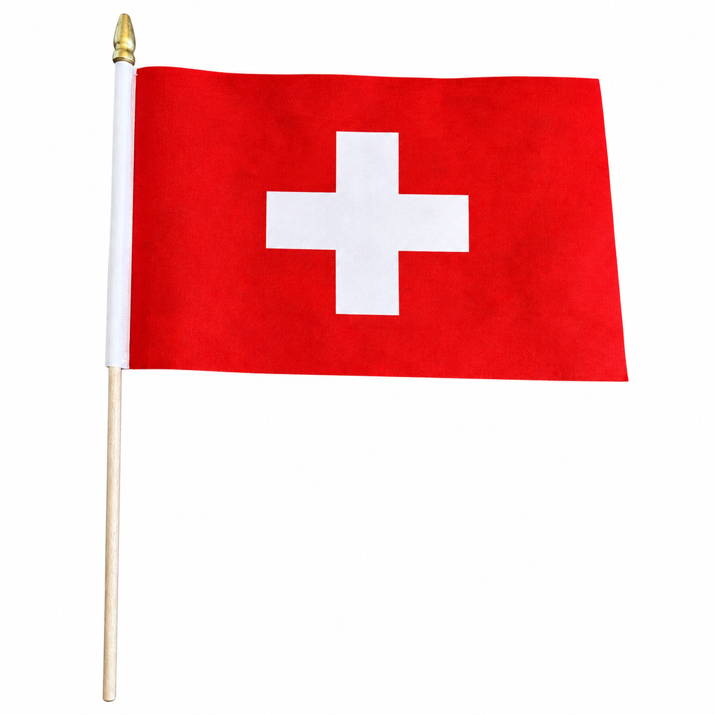 Schweiz Fahne am Stab auf weissem Hintergrund