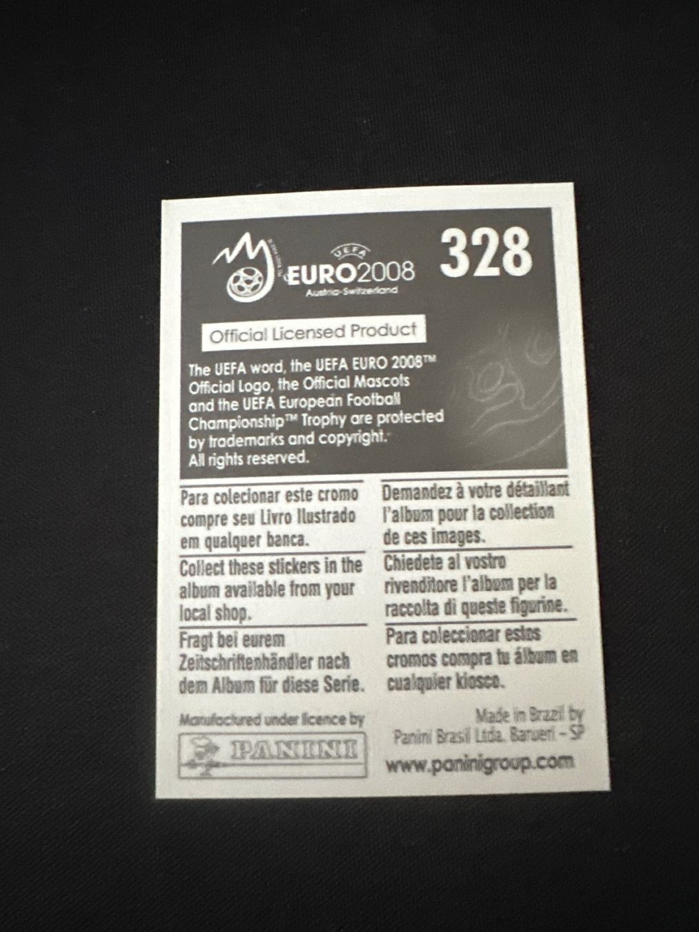 Panini UEFA EURO 2008 – Nr. 328 – Ianis Zicu – Südamerika-Version – Rückseite