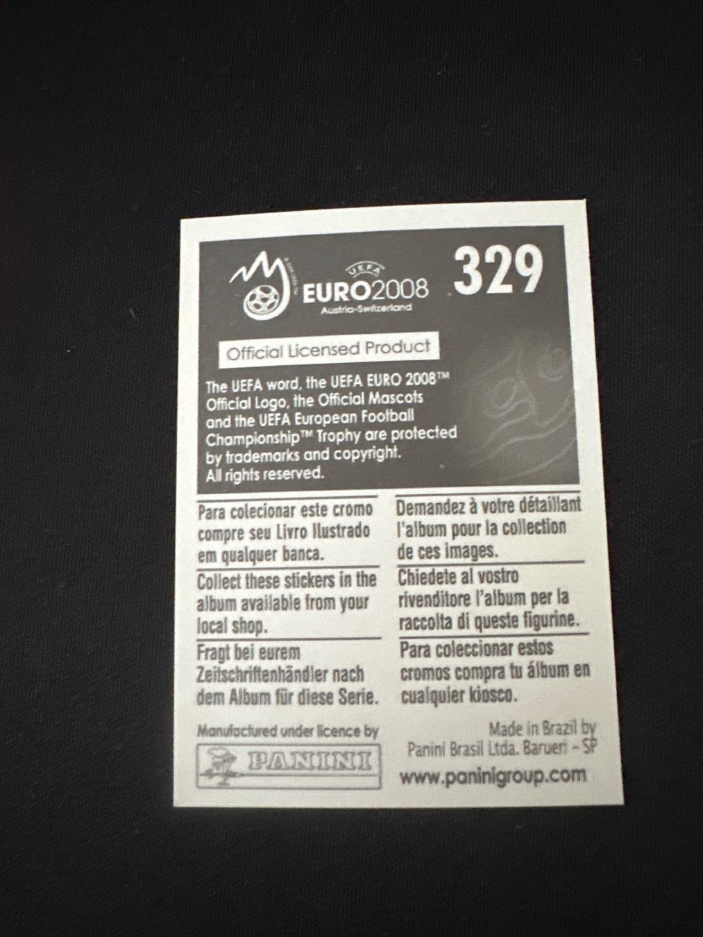 Panini UEFA EURO 2008 – Nr. 329 – Ciprian Marica – Südamerika-Version – Rückseite