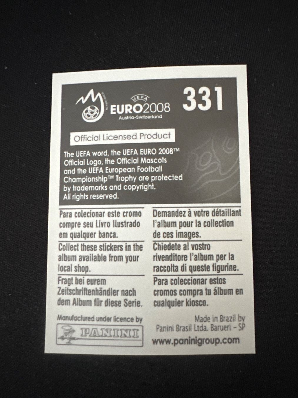 Panini UEFA EURO 2008 – Nr. 331 – Danut Coman – Südamerika-Version – Rückseite