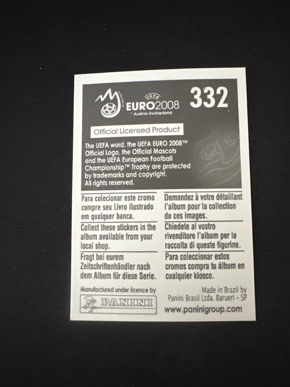 Panini UEFA EURO 2008 – Nr. 332 – Frankreich Maskottchen – Südamerika-Version – Rückseite