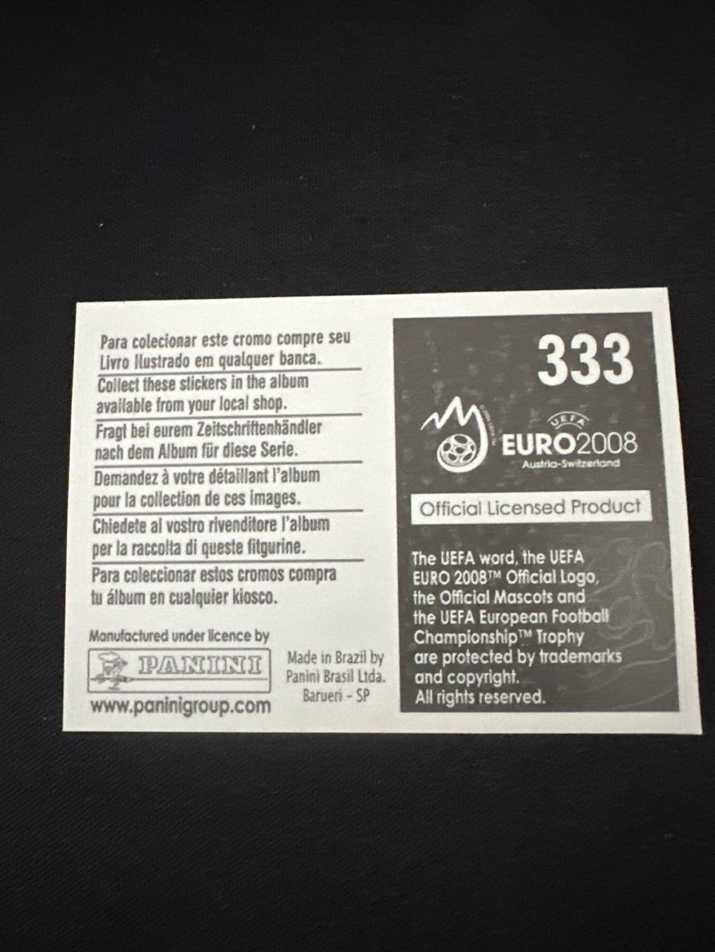 Panini UEFA EURO 2008 – Nr. 333 – Frankreich Mannschaft Teilbild oben links – Südamerika-Version – Rückseite