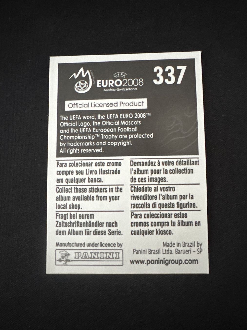 Panini UEFA EURO 2008 – Nr. 337 – Frankreich Logo – Südamerika-Version – Rückseite