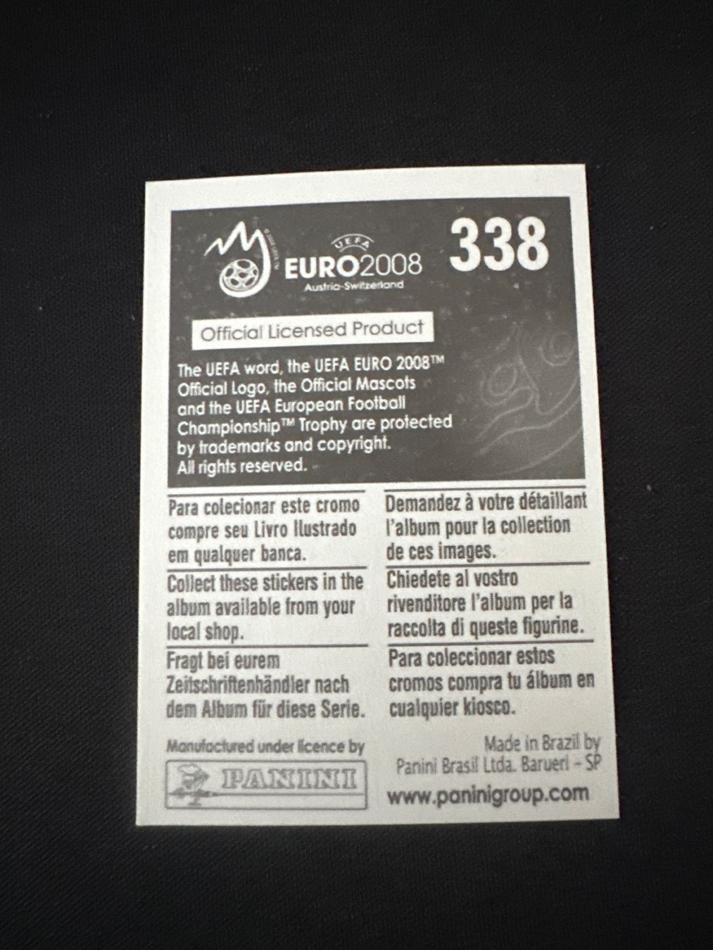 Panini UEFA EURO 2008 – Nr. 338 – Gregory Coupet – Südamerika-Version – Rückseite