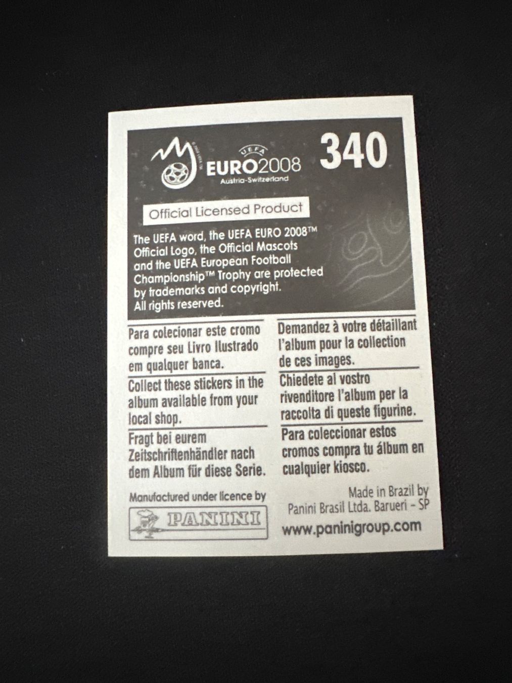 Panini UEFA EURO 2008 – Nr. 340 – William Gallas – Südamerika-Version – Rückseite