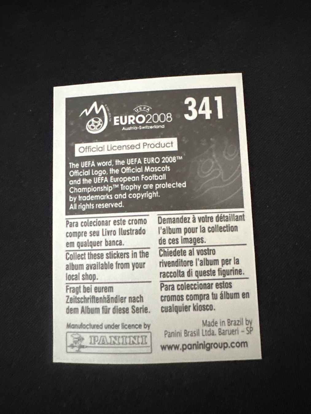 Panini UEFA EURO 2008 – Nr. 341 – Eric Abidal – Südamerika-Version – Rückseite