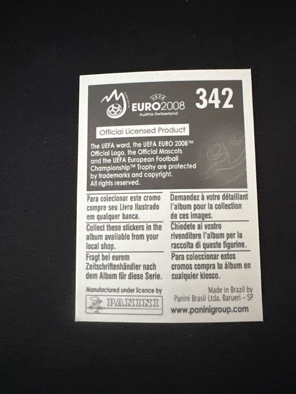 Panini UEFA EURO 2008 – Nr. 342 – Patrice Evra – Südamerika-Version – Rückseite