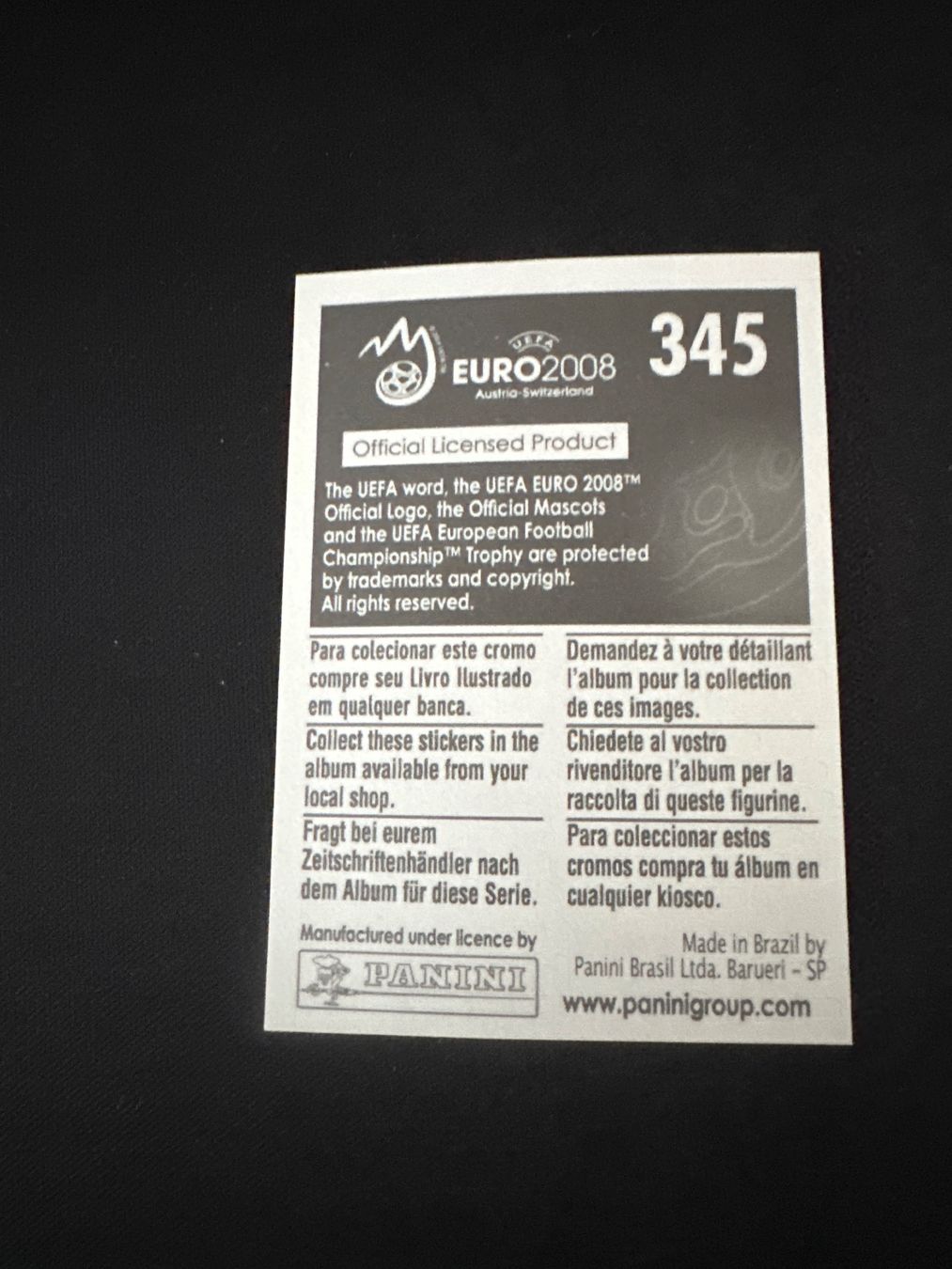Panini UEFA EURO 2008 – Nr. 345 – Lassana Diarra – Südamerika-Version – Rückseite