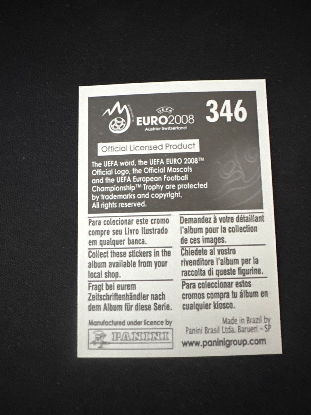 Panini UEFA EURO 2008 – Nr. 346 – Claude Makelele – Südamerika-Version – Rückseite