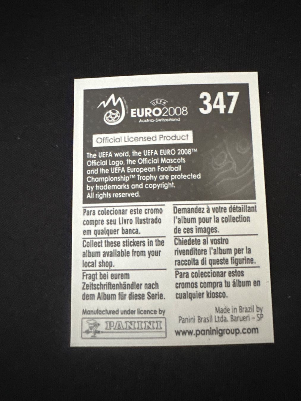 Panini UEFA EURO 2008 – Nr. 347 – Patrick Vieira – Südamerika-Version – Rückseite