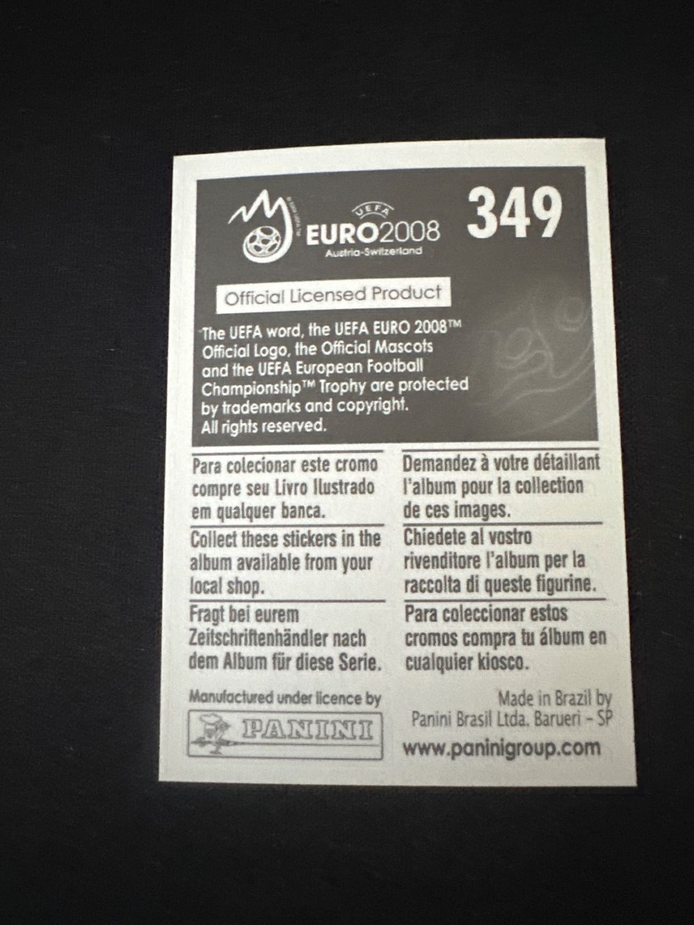 Panini UEFA EURO 2008 – Nr. 349 – Samir Nasri – Südamerika-Version – Rückseite