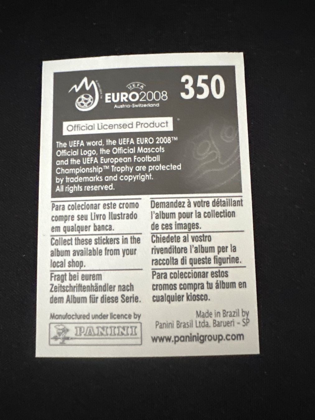 Panini UEFA EURO 2008 – Nr. 350 – Florent Malouda – Südamerika-Version – Rückseite