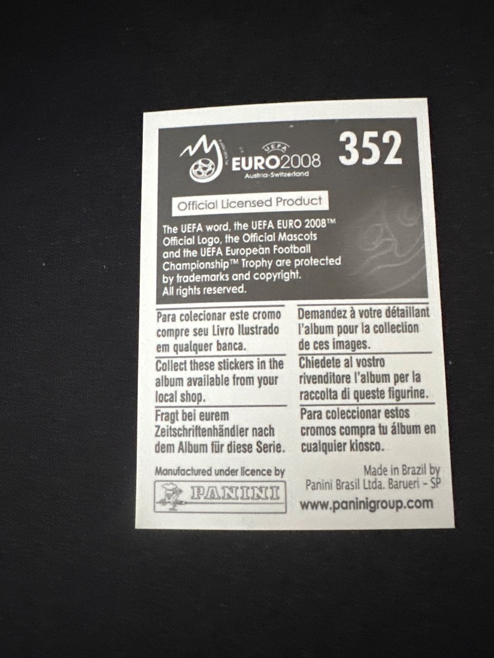 Panini UEFA EURO 2008 – Nr. 352 – Hatem Ben Arfa – Südamerika-Version – Rückseite