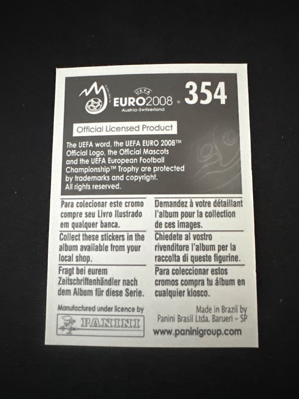 Panini UEFA EURO 2008 – Nr. 354 – Karim Benzema – Südamerika-Version – Rückseite