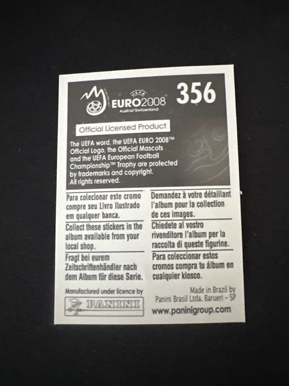 Panini UEFA EURO 2008 – Nr. 356 – Nicolas Anelka – Südamerika-Version – Rückseite