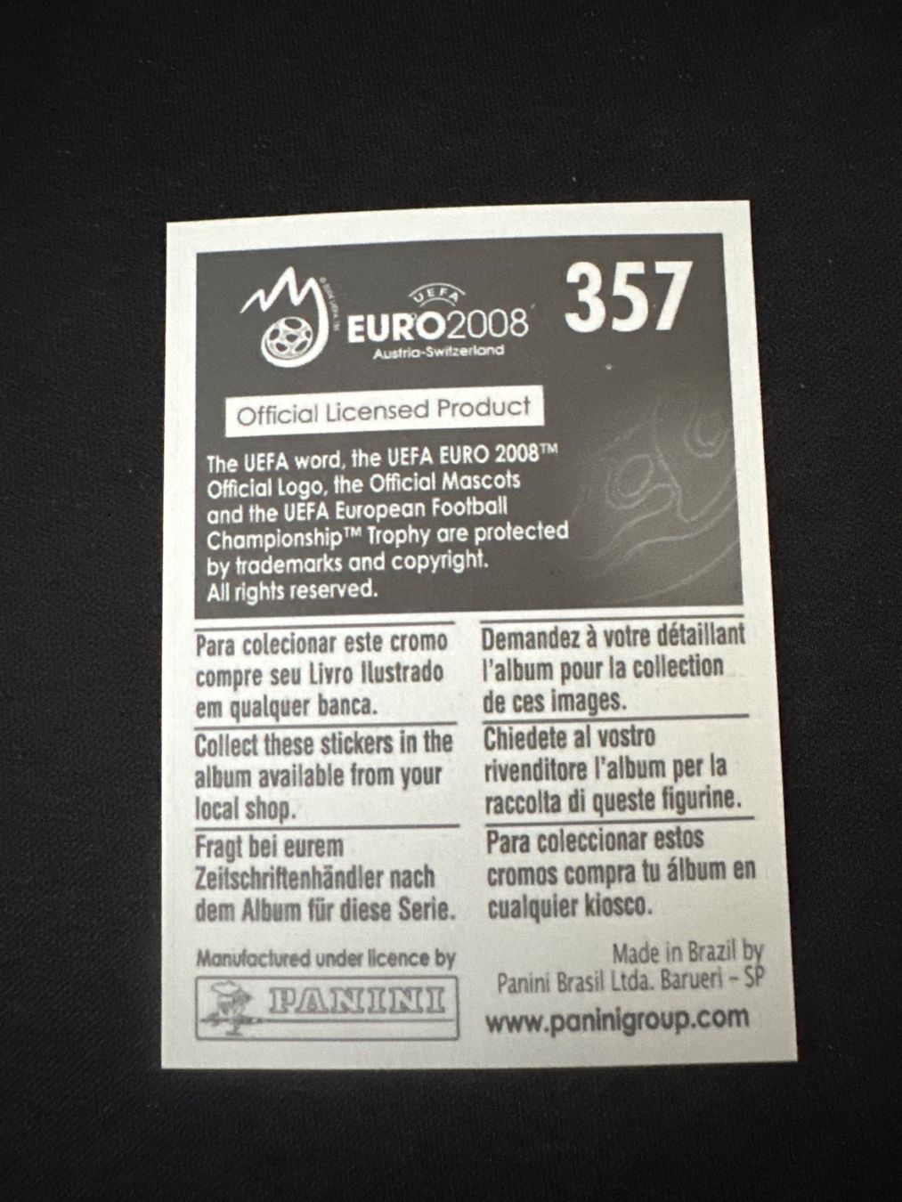 Panini UEFA EURO 2008 – Nr. 357 – Mickaël Landreau – Südamerika-Version – Rückseite