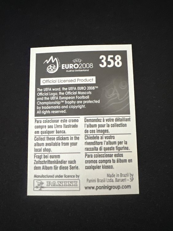 Panini UEFA EURO 2008 – Nr. 358 – Griechenland Maskottchen – Südamerika-Version – Rückseite