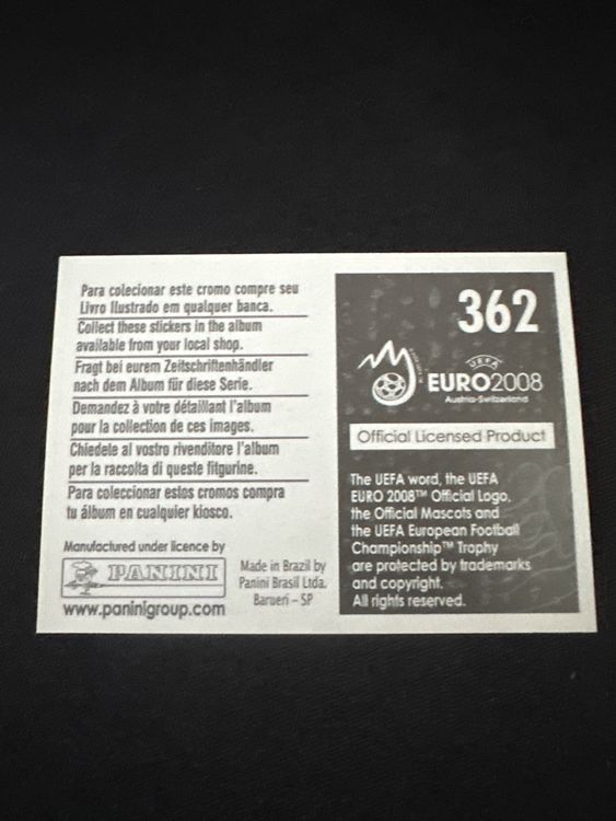 Panini UEFA EURO 2008 – Nr. 362 – Griechenland Mannschaft Teilbild unten rechts – Südamerika-Version – Rückseite