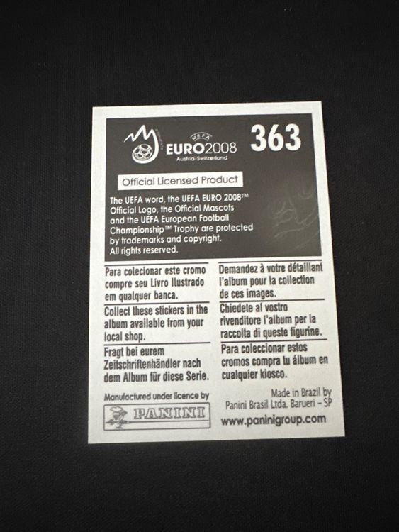 Panini UEFA EURO 2008 – Nr. 363 – Griechenland Logo – Südamerika-Version – Rückseite
