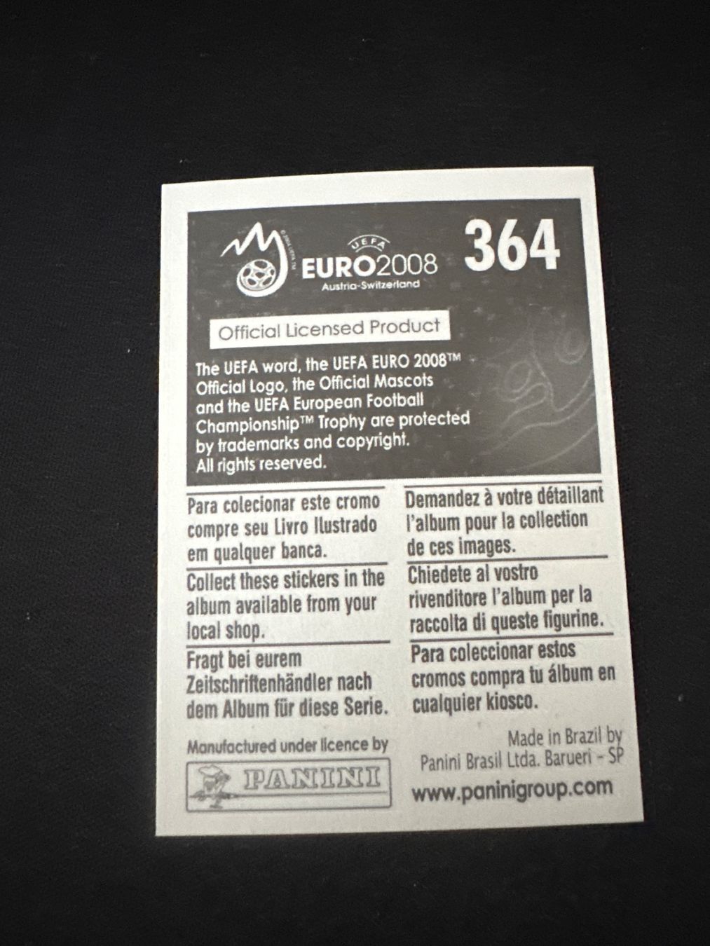 Panini UEFA EURO 2008 – Nr. 364 – Antonios Nikopolidis – Südamerika-Version – Rückseite
