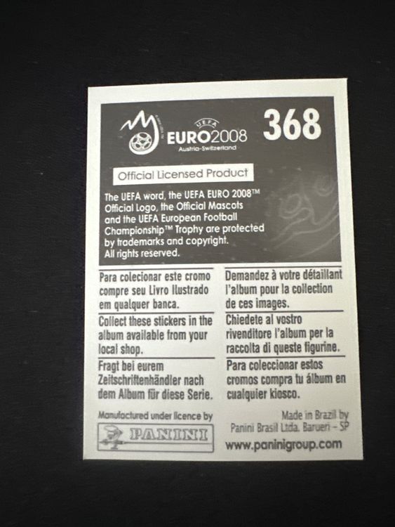 Panini UEFA EURO 2008 – Nr. 368 – Sotirios Kyrgiakos – Südamerika-Version – Rückseite