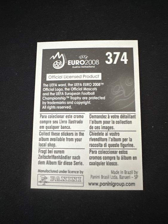 Panini UEFA EURO 2008 – Nr. 374 – Angelos Basinas – Südamerika-Version – Rückseite