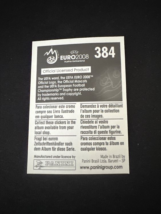 Panini UEFA EURO 2008 – Nr. 384 – Schweden Maskottchen – Südamerika-Version – Rückseite