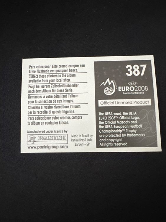 Panini UEFA EURO 2008 – Nr. 387 – Schweden Mannschaft Teilbild unten links – Südamerika-Version – Rückseite