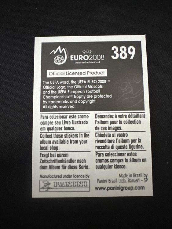 Panini UEFA EURO 2008 – Nr. 389 – Schweden Logo – Südamerika-Version – Rückseite