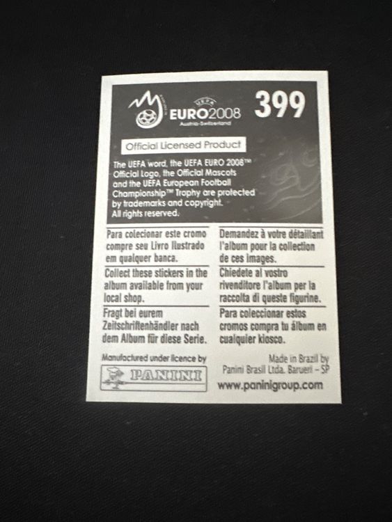 Panini UEFA EURO 2008 – Nr. 399 – Tobias Linderoth – Südamerika-Version – Rückseite