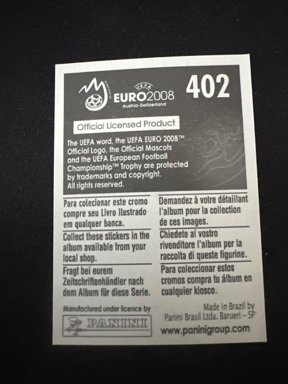Panini UEFA EURO 2008 – Nr. 402 – Kim Källström – Südamerika-Version – Rückseite