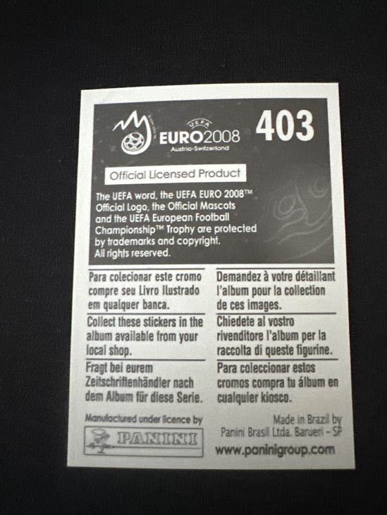 Panini UEFA EURO 2008 – Nr. 403 – Fredrik Ljungberg – Südamerika-Version – Rückseite