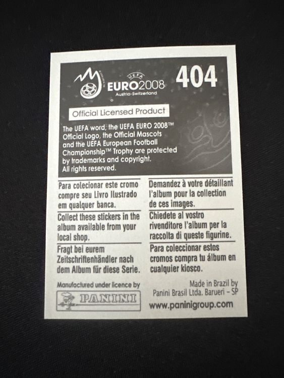 Panini UEFA EURO 2008 – Nr. 404 – Kennedy Bakircioglü – Südamerika-Version – Rückseite