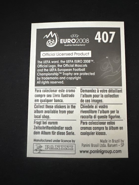 Panini UEFA EURO 2008 – Nr. 407 – Marcus Allbäck – Südamerika-Version – Rückseite