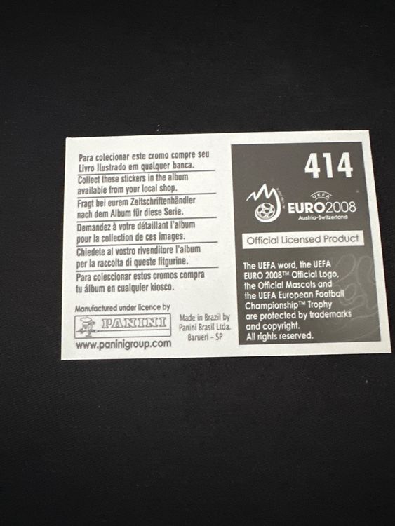 Panini UEFA EURO 2008 – Nr. 414 – Spanien Mannschaft Teilbild unten rechts – Südamerika-Version – Rückseite