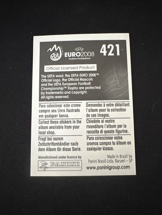 Panini UEFA EURO 2008 – Nr. 421 – Joan Capdevila – Südamerika-Version – Rückseite