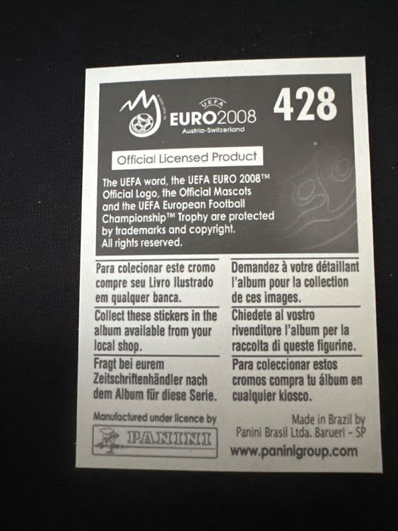 Panini UEFA EURO 2008 – Nr. 428 – Andres Iniesta – Südamerika-Version – Rückseite