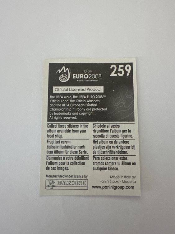 Panini UEFA EURO 2008 – Nr. 259 – Niederlande Logo – Schweizer Edition – Rückseite