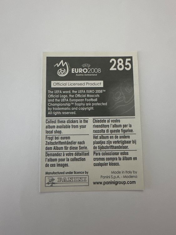 Panini UEFA EURO 2008 – Nr. 285 – Italien Logo – Schweizer Edition – Rückseite