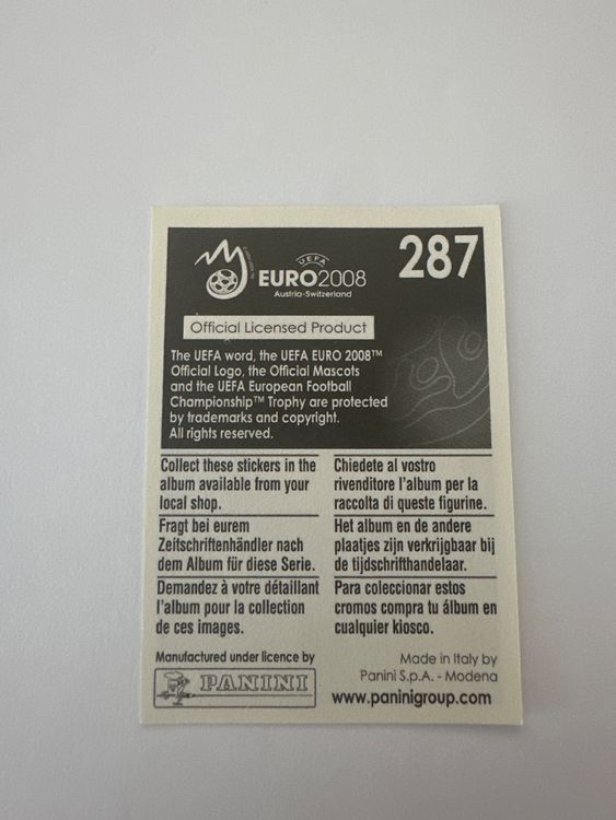 Panini UEFA EURO 2008 – Nr. 287 – Fabio Cannavaro – Schweizer Edition – Rückseite