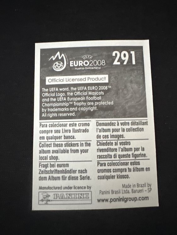 Panini UEFA EURO 2008 – Nr. 291 – Fabio Grosso – Südamerika-Version – Rückseite
