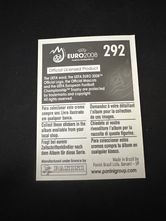 Panini UEFA EURO 2008 – Nr. 292 – Massimo Oddo – Südamerika-Version – Rückseite