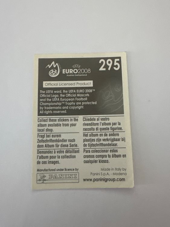 Panini UEFA EURO 2008 – Nr. 295 – Gennaro Gattuso – Schweizer Edition – Rückseite
