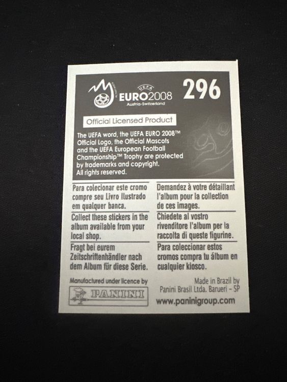 Panini UEFA EURO 2008 – Nr. 296 – Simone Perrotta – Südamerika-Version – Rückseite