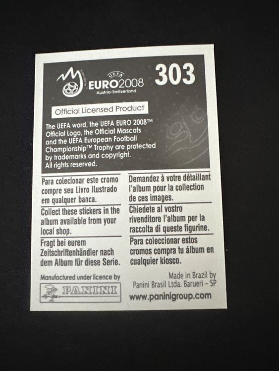 Panini UEFA EURO 2008 – Nr. 303 – Alessandro Del Piero – Südamerika-Version – Rückseite