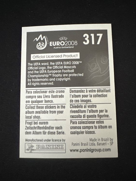 Panini UEFA EURO 2008 – Nr. 317 – Mirel Radoi – Südamerika-Version – Rückseite