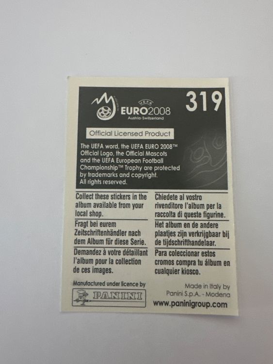 Panini UEFA EURO 2008 – Nr. 319 – Cristian Chivu – Schweizer Edition – Rückseite