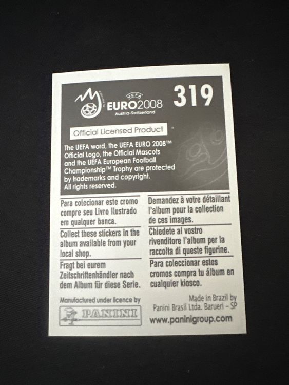 Panini UEFA EURO 2008 – Nr. 319 – Cristian Chivu – Südamerika-Version – Rückseite