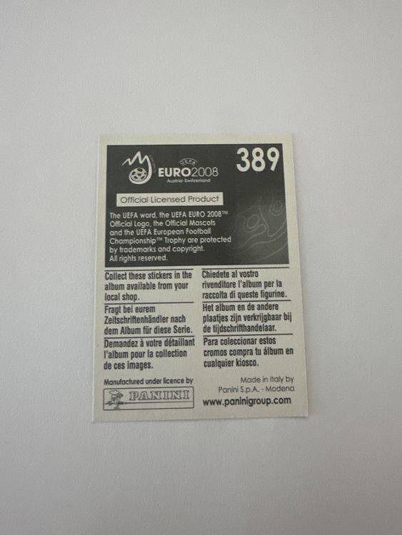 Panini UEFA EURO 2008 – Nr. 389 – Schweden Logo – Schweizer Edition – Rückseite