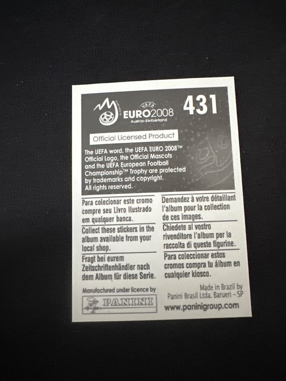 Panini UEFA EURO 2008 – Nr. 431 – Albert Riera – Südamerika-Version – Rückseite